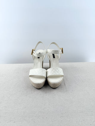 Louis Vuitton leather damier embossed wedge raffia sandals, 39
