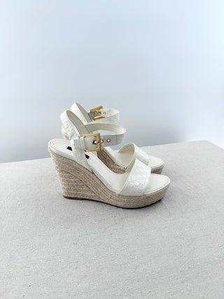 Louis Vuitton leather damier embossed wedge raffia sandals, 39