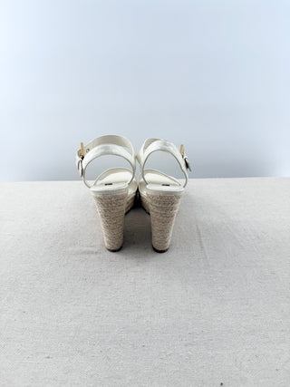 Louis Vuitton leather damier embossed wedge raffia sandals, 39