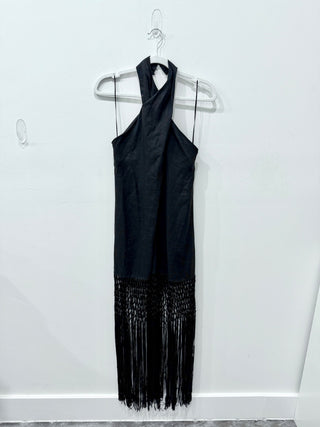 Zara halterneck linen cover up with tassels, S