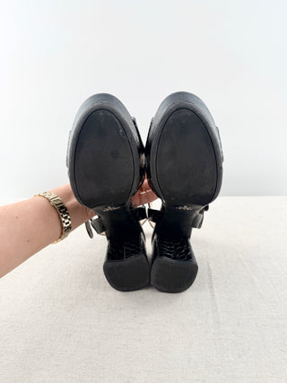 Prada crocodile embossed leather platform sandals, 39