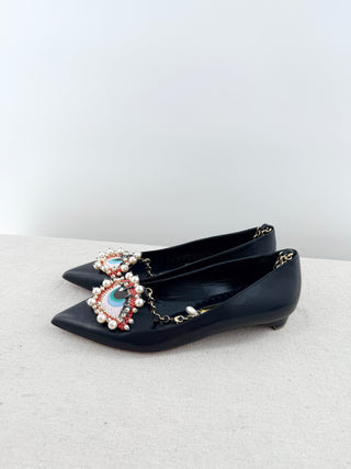 Rupert Sanderson leather eye shoes flats with gold chain, 37