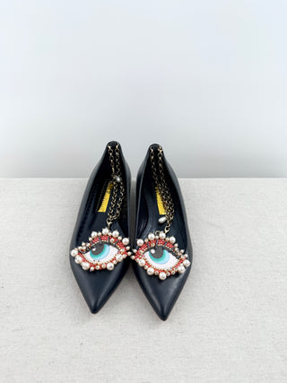 Rupert Sanderson leather eye shoes flats with gold chain, 37