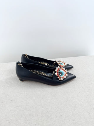 Rupert Sanderson leather eye shoes flats with gold chain, 37