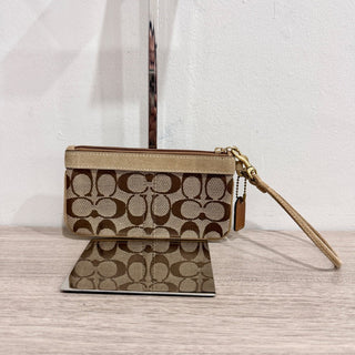 Coach Small Canvas Monogram C Logo Wristlet Pouch Wallet Beige/Tan