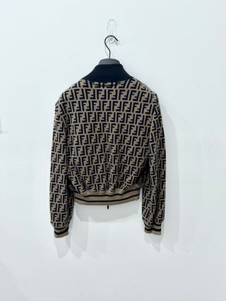Fendi Knit And Inlaid Mink Fur Zucca Print Crop Bomber Jacket Fogge Womens 42