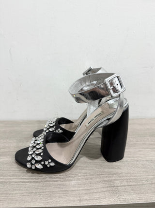Miu Mu Metallic Leather Crystal Embellished Block Heel Sandal Silver Black EU 39
