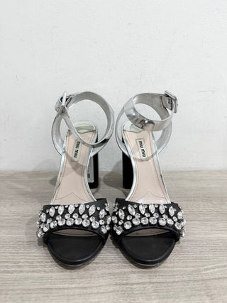Miu Mu Metallic Leather Crystal Embellished Block Heel Sandal Silver Black EU 39