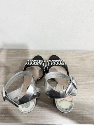 Miu Mu Metallic Leather Crystal Embellished Block Heel Sandal Silver Black EU 39