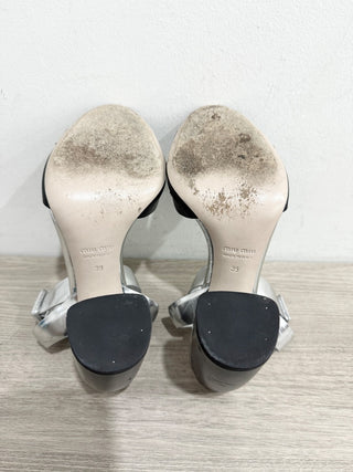Miu Mu Metallic Leather Crystal Embellished Block Heel Sandal Silver Black EU 39