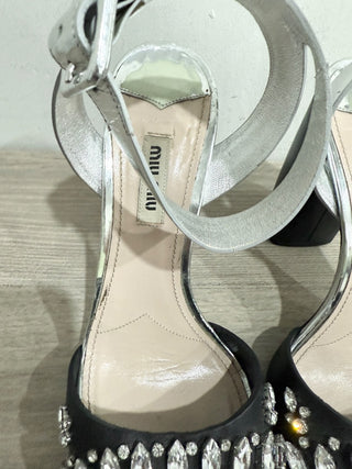 Miu Mu Metallic Leather Crystal Embellished Block Heel Sandal Silver Black EU 39
