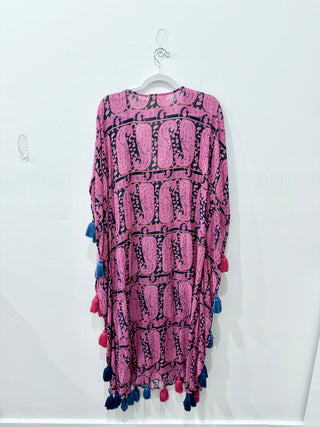 Figue Amrita Oversized Tasseled Pullover Caftan Dress Pink Blue Womens Size XS/S