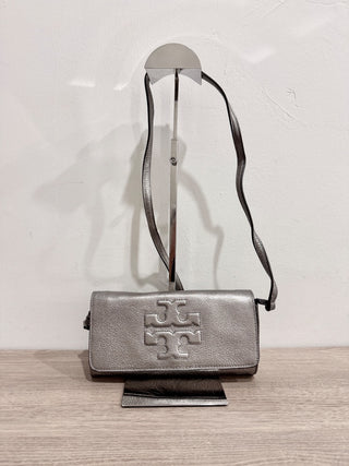 Tory Burch platinum metallic logo embossed small shoulder bag