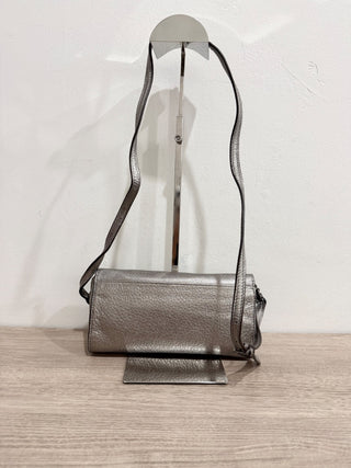 Tory Burch platinum metallic logo embossed small shoulder bag