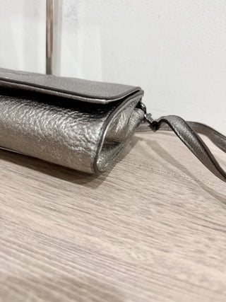 Tory Burch platinum metallic logo embossed small shoulder bag