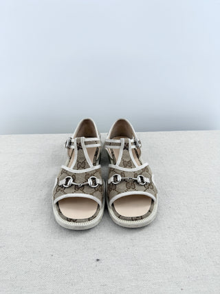 Gucci kids GG canvas horsebit sandals featuring GG monogram canvas, and adjustable ankle straps, 34
