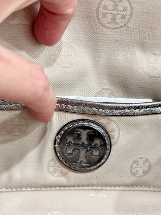Tory Burch platinum metallic logo embossed small shoulder bag