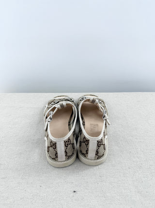 Gucci kids GG canvas horsebit sandals featuring GG monogram canvas, and adjustable ankle straps, 34