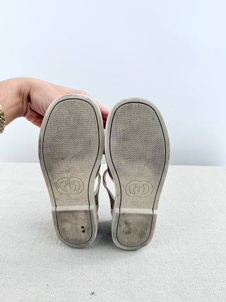 Gucci kids GG canvas horsebit sandals featuring GG monogram canvas, and adjustable ankle straps, 34