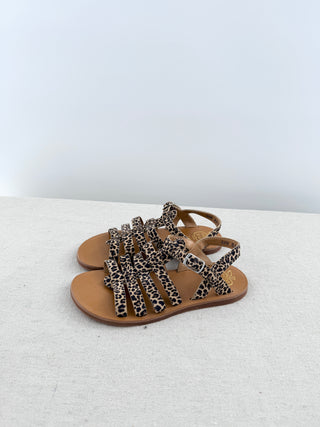 pom dapi leather gladiator-style sandals featuring leopard-print calf hair upper, adjustable ankle straps, 33