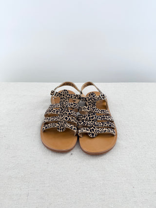 pom dapi leather gladiator-style sandals featuring leopard-print calf hair upper, adjustable ankle straps, 33