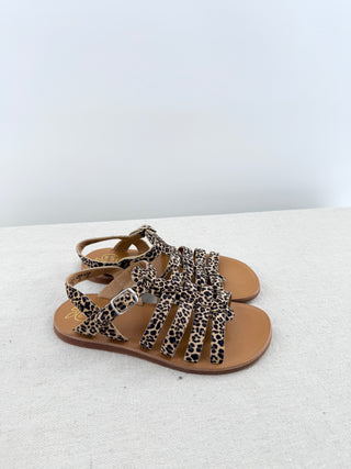 pom dapi leather gladiator-style sandals featuring leopard-print calf hair upper, adjustable ankle straps, 33