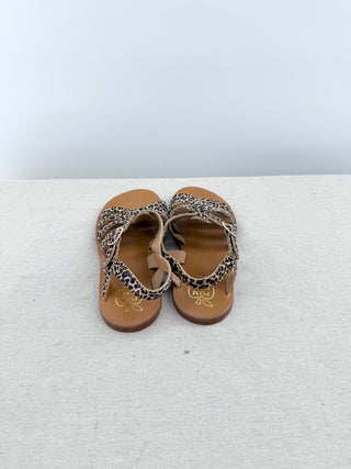 pom dapi leather gladiator-style sandals featuring leopard-print calf hair upper, adjustable ankle straps, 33