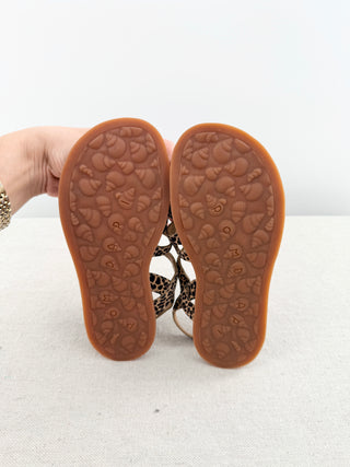 pom dapi leather gladiator-style sandals featuring leopard-print calf hair upper, adjustable ankle straps, 33