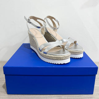 NWT Stuart Weitzman Catalina Espadrille Wedge Sandals Silver Leather Womens US 9