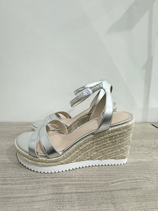 NWT Stuart Weitzman Catalina Espadrille Wedge Sandals Silver Leather Womens US 9
