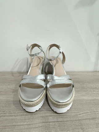 NWT Stuart Weitzman Catalina Espadrille Wedge Sandals Silver Leather Womens US 9