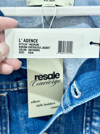 NWT L'Agence Karina Oversized Tucker Jacket Hayward Denim Blue Women's Size XS/S