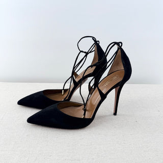 NWOT Aquazzura Matilde Suede Crisscross Pointed Heeled Pumps Black Womens EU 40.5