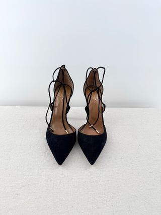 NWOT Aquazzura Matilde Suede Crisscross Pointed Heeled Pumps Black Womens EU 40.5