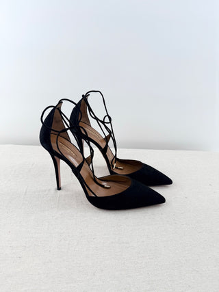 NWOT Aquazzura Matilde Suede Crisscross Pointed Heeled Pumps Black Womens EU 40.5