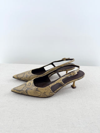 Lola Cruz snake-print slingback kitten heels featuring pointed toe, side cutout detailing, and adjustable slingback strap, 39