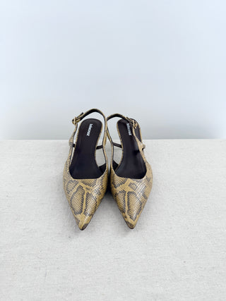 Lola Cruz snake-print slingback kitten heels featuring pointed toe, side cutout detailing, and adjustable slingback strap, 39