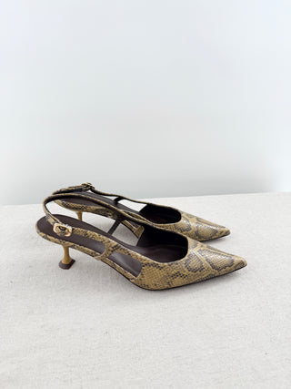 Lola Cruz snake-print slingback kitten heels featuring pointed toe, side cutout detailing, and adjustable slingback strap, 39