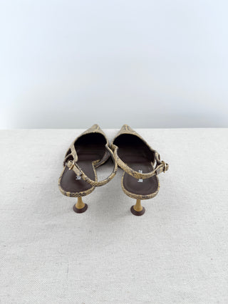 Lola Cruz snake-print slingback kitten heels featuring pointed toe, side cutout detailing, and adjustable slingback strap, 39