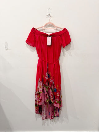 Ted Baker berry sunday bardot dress pleated high low, 0