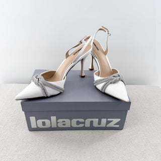 NWT Lola Cruz Alice Leather & Rhinestone Pointed Slingback Pumps White EU 40