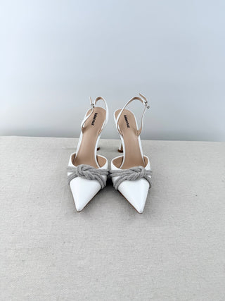 NWT Lola Cruz Alice Leather & Rhinestone Pointed Slingback Pumps White EU 40