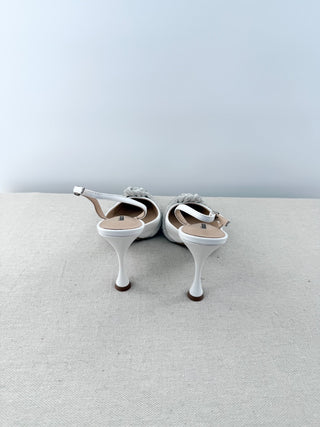 NWT Lola Cruz Alice Leather & Rhinestone Pointed Slingback Pumps White EU 40