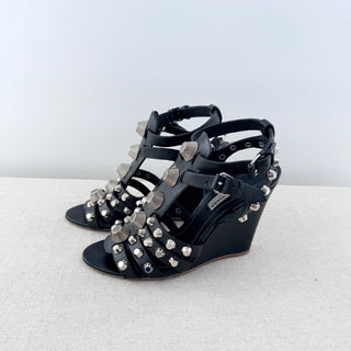 Balenciaga Arena Studded Strappy Wedge Sandals Black Leather Women's EU 37