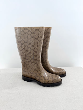 Gucci rain boots rubber monogram mid calf, 38