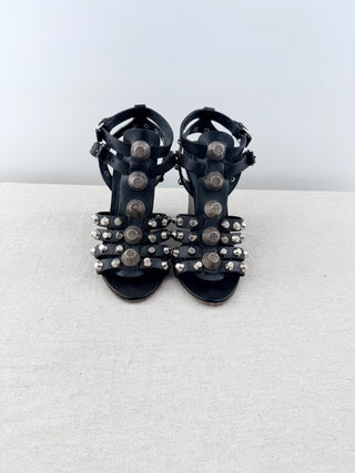 Balenciaga Arena Studded Strappy Wedge Sandals Black Leather Women's EU 37