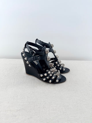 Balenciaga Arena Studded Strappy Wedge Sandals Black Leather Women's EU 37