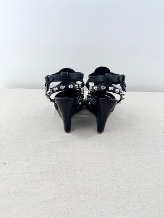 Balenciaga Arena Studded Strappy Wedge Sandals Black Leather Women's EU 37