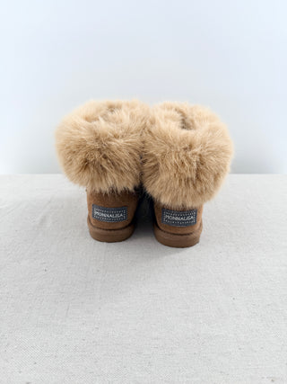 Monnalisa girls fur-cuff winter boots featuring oversized plush fur cuffs, and sparkling crystal embellishments, 31