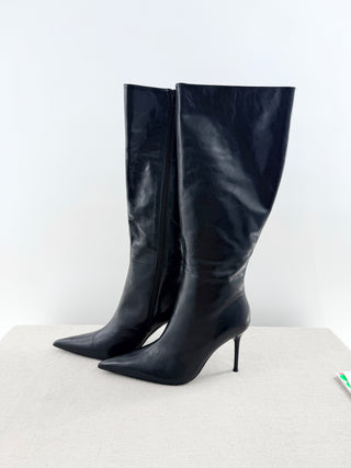 Tony Bianco Naxos knee high boots in vintage leather, featuring sleek pointed-toe, slim stiletto heel, and streamlined knee-high shaft, 9